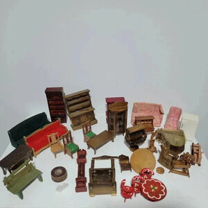 Doll House Furniture Lot of 30 Vintage 1970's Wood Upholstered Player Piano